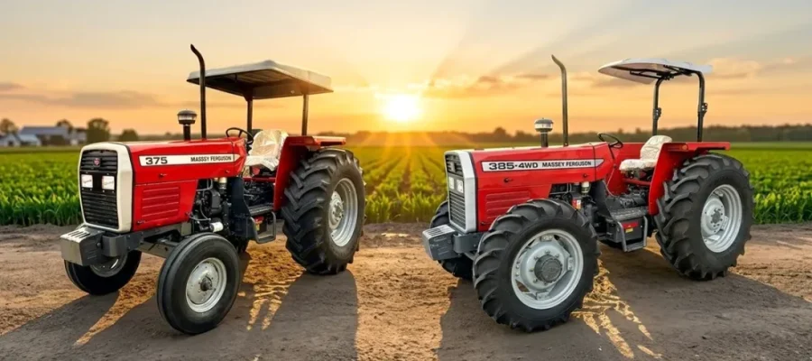 Two red Massey Ferguson tractors parked on a dirt path at sunset, with green fields in the background.