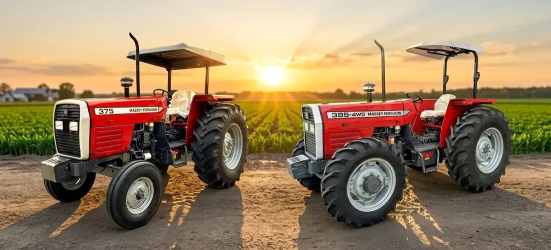 Two red Massey Ferguson tractors parked on a dirt path at sunset, with green fields in the background.